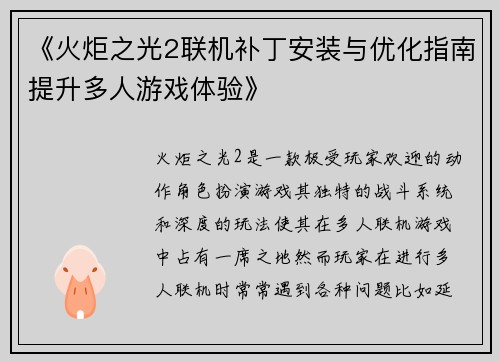 《火炬之光2联机补丁安装与优化指南提升多人游戏体验》